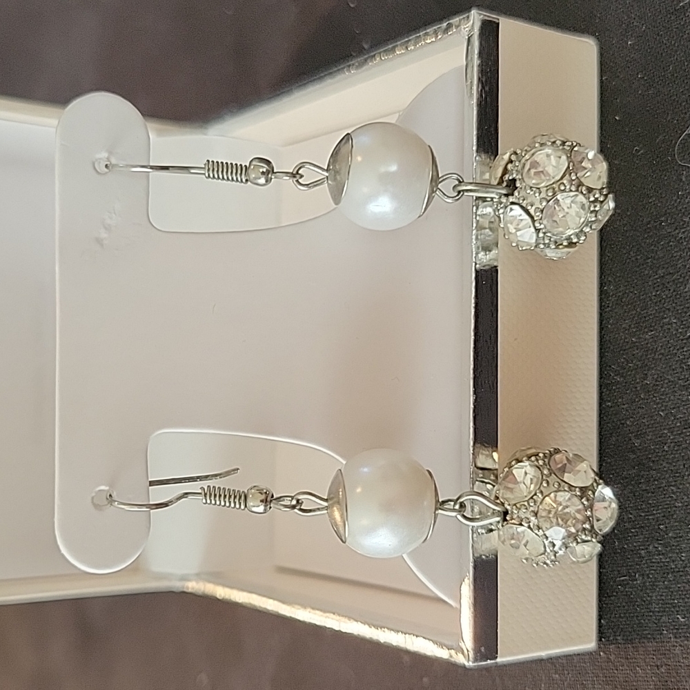 Silver Dangly Earrings with White Beads and Rhinestones